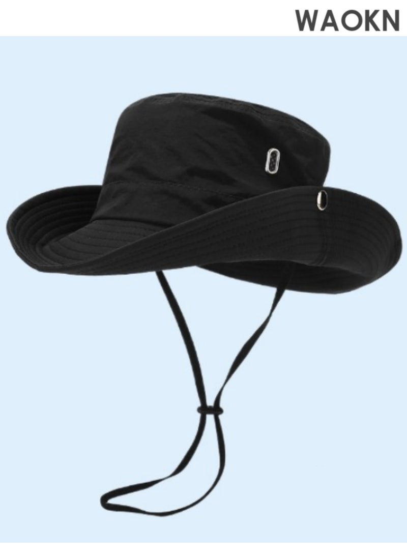 WAOKN UPF 50+ Wide Brim Sun Hat for Men & Women - Cowboy Style Bucket Hat with Neck Flap - Waterproof & Breathable Outdoor Hat for Hiking, Camping, Fishing - Adjustable Chin Strap & Foldable Design (Black, One Size Fits Most) - Image 4