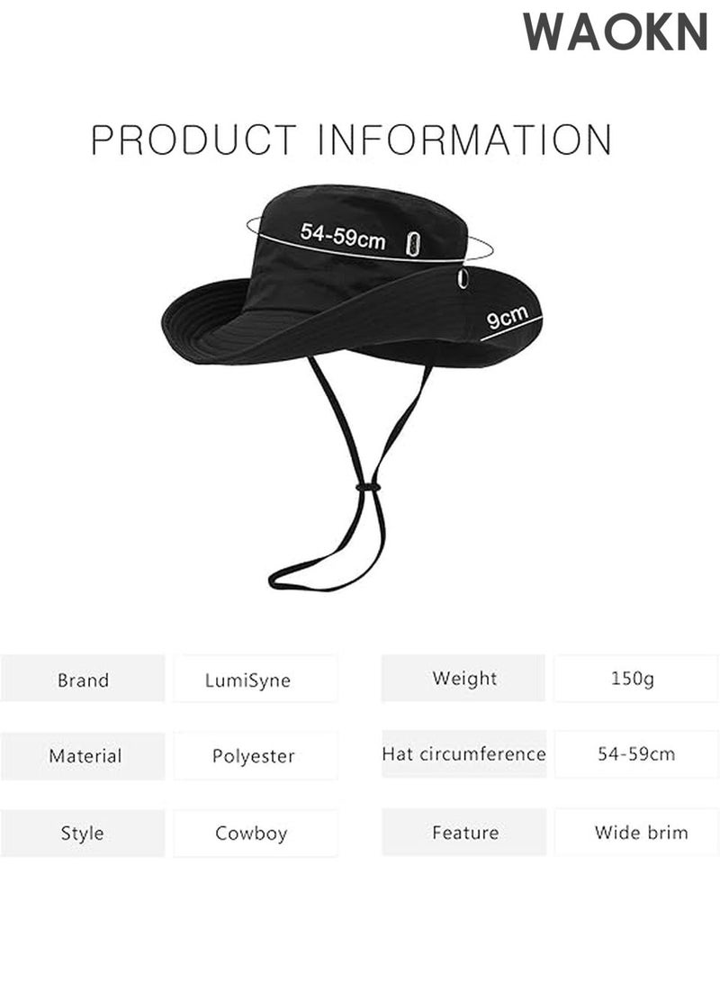 WAOKN UPF 50+ Wide Brim Sun Hat for Men & Women - Cowboy Style Bucket Hat with Neck Flap - Waterproof & Breathable Outdoor Hat for Hiking, Camping, Fishing - Adjustable Chin Strap & Foldable Design (Black, One Size Fits Most) - Image 2