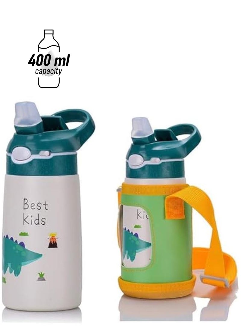 MIXDE 400ML Children Thermos Water Bottle Kids Thermos Mug Baby Duck Billed Straw 316 Stainless Steel Vacuum Flasks Tumbler Thermo Cup, With bag (Green)  - Image 1