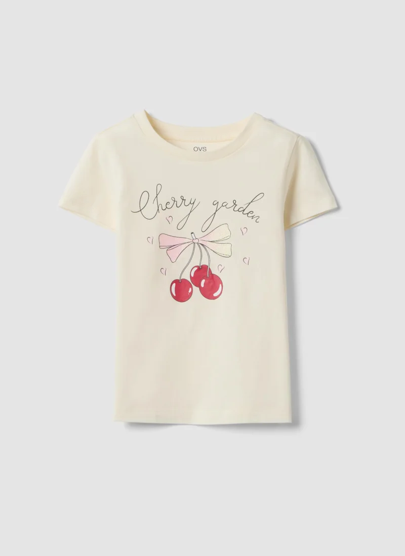 او في اس OVS Beige Pure Cotton Regular Fit T-Shirt With Print For Girls