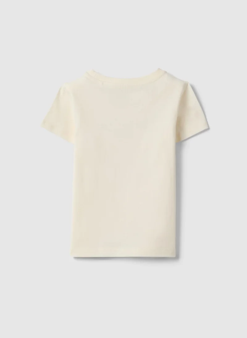 او في اس OVS Beige Pure Cotton Regular Fit T-Shirt With Print For Girls