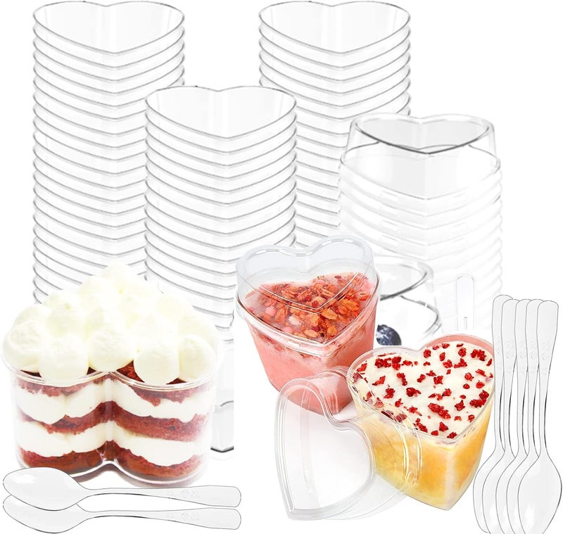 Yuxitia 50 Pcs HeartShaped Plastic Dessert Cups with Lids and Spoons 5 oz Clear Parfait Cups for Valentines Day Birthday Wedding Anniversary Parties - Image 1