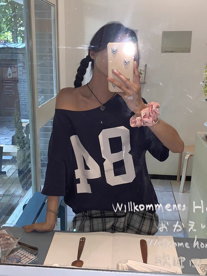 White American No. 84 Letter Printed Slant Collar Off-Shoulder Short-Sleeved T-Shirt for Women Summer American Retro Loose Versatile Top - Image 1
