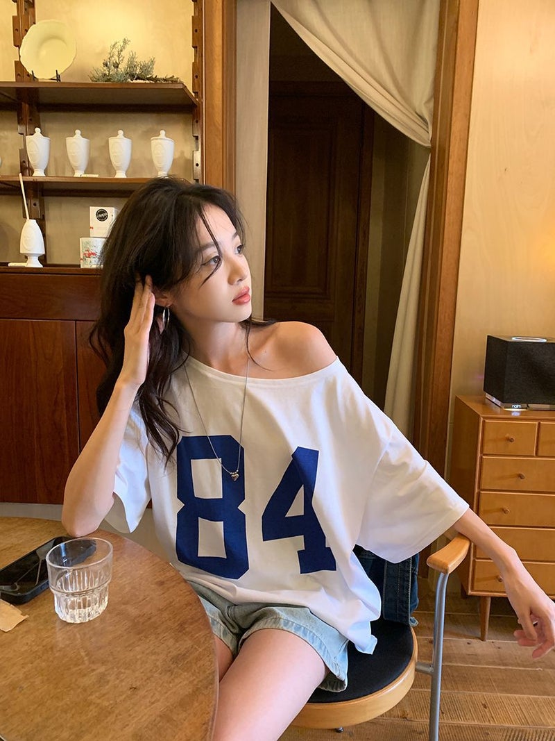 White American No. 84 Letter Printed Slant Collar Off-Shoulder Short-Sleeved T-Shirt for Women Summer American Retro Loose Versatile Top - Image 2