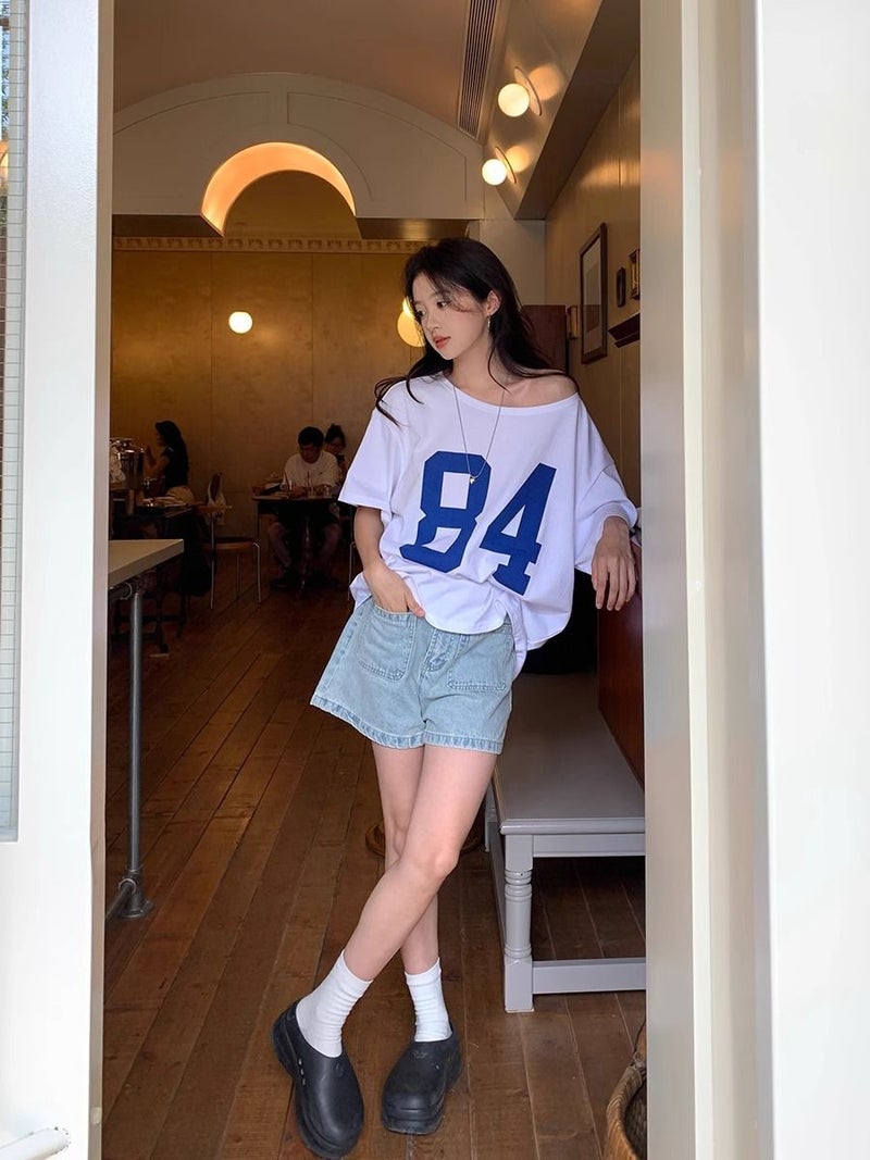 White American No. 84 Letter Printed Slant Collar Off-Shoulder Short-Sleeved T-Shirt for Women Summer American Retro Loose Versatile Top - Image 3