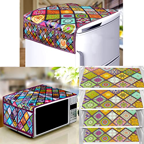 KANUSHI Industries® 1 Pc Fridge Covers/Refrigerator Cover + 1 Pc Microwave/Oven Cover Top + 4 Fridge Mats (FRI+Micro-DIG-B+M-22-04) - Image 1