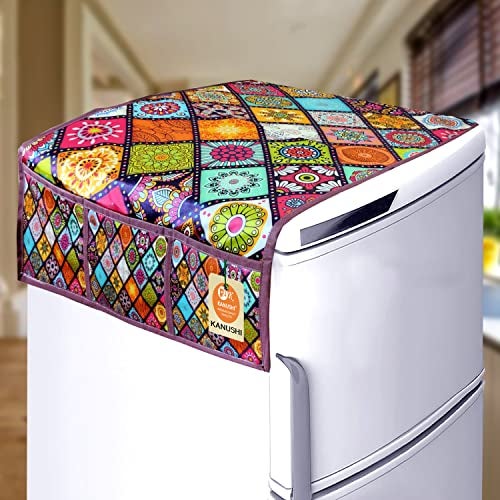 KANUSHI Industries® 1 Pc Fridge Covers/Refrigerator Cover + 1 Pc Microwave/Oven Cover Top + 4 Fridge Mats (FRI+Micro-DIG-B+M-22-04) - Image 2