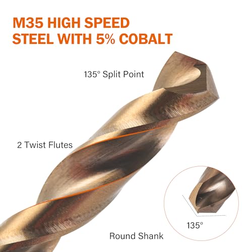 KENDO 5/16 Inch Cobalt Drill Bits (13pcs), M35 High Speed Steel, 135 Degree Tip, Jobber Length Twist Drill Bit Set for Hard Metal, Stainless Steel, Cast Iron, Wood and Plastic, with Storage Case - Image 3