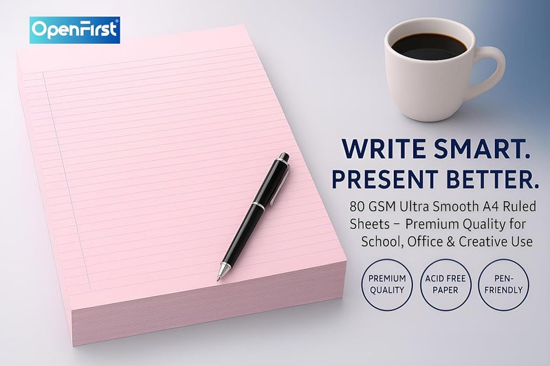 OPENFIRST ® A4 Rose Pink Ruled Assignment Sheets – 80 GSM Premium Ultra Smooth Paper | Single Side Ruled | Ideal for School, Office, Notes, Projects & more (Pack of 100) - Image 2