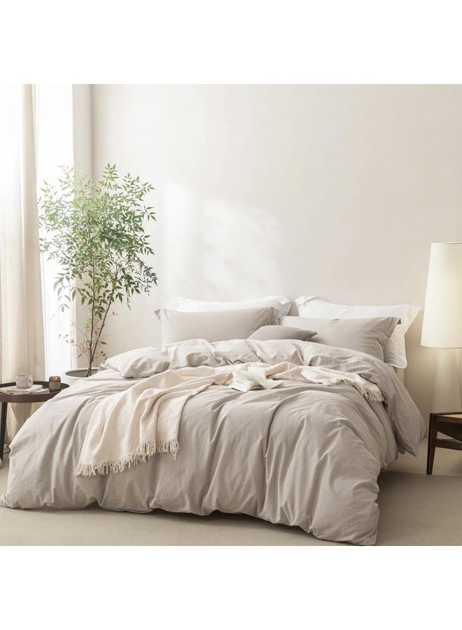 BDEAR Linen Feel Duvet Cover King Size, 100% Washed Cotton Comforter Cover 90x90inch with Zipper Closure Plus 2 Pillowcases, Solid-Cream Grey - Image 1