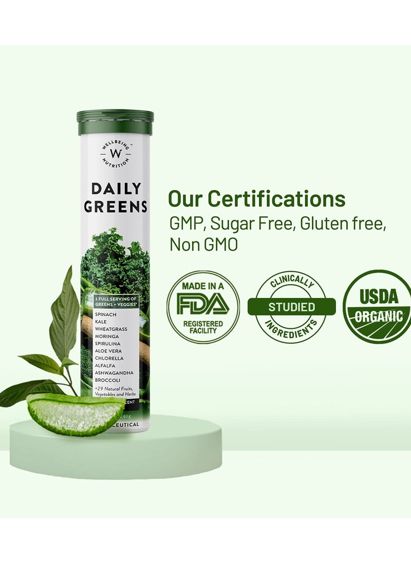 WELLBEING NUTRITION - Pack of 6 Daily Greens Wholefood Multivitamin with Vitamin C, Zinc, B6, B12  Certified Plant 15 Effervescent Tab - Image 1