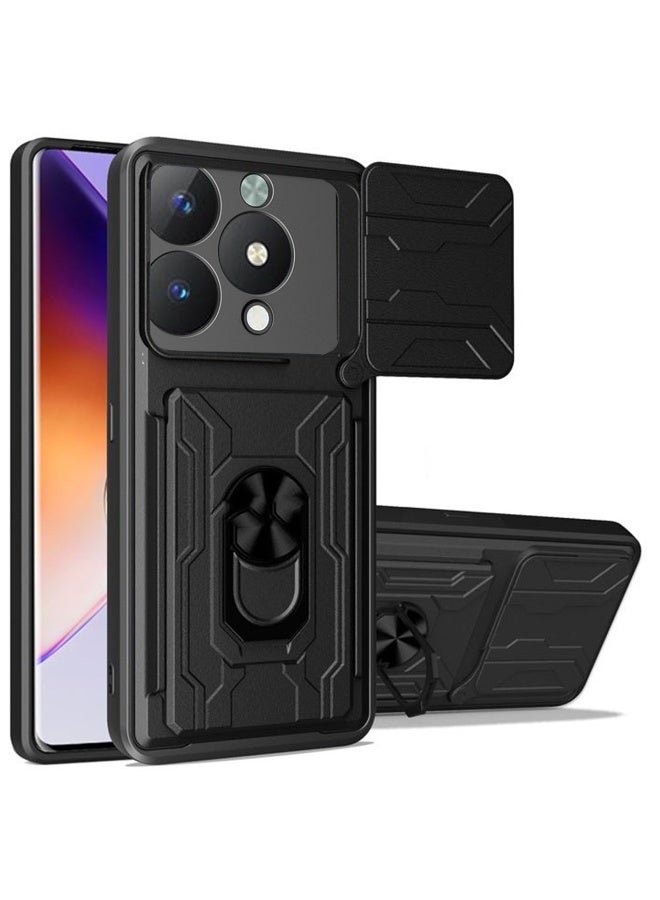 SanHu for ITEL A90 4G Case, Card Holder & Slide Camera Lens Cover, Magnetic Ring Holder Kickstand Protective Phone Case for ITEL A90 4G, Black