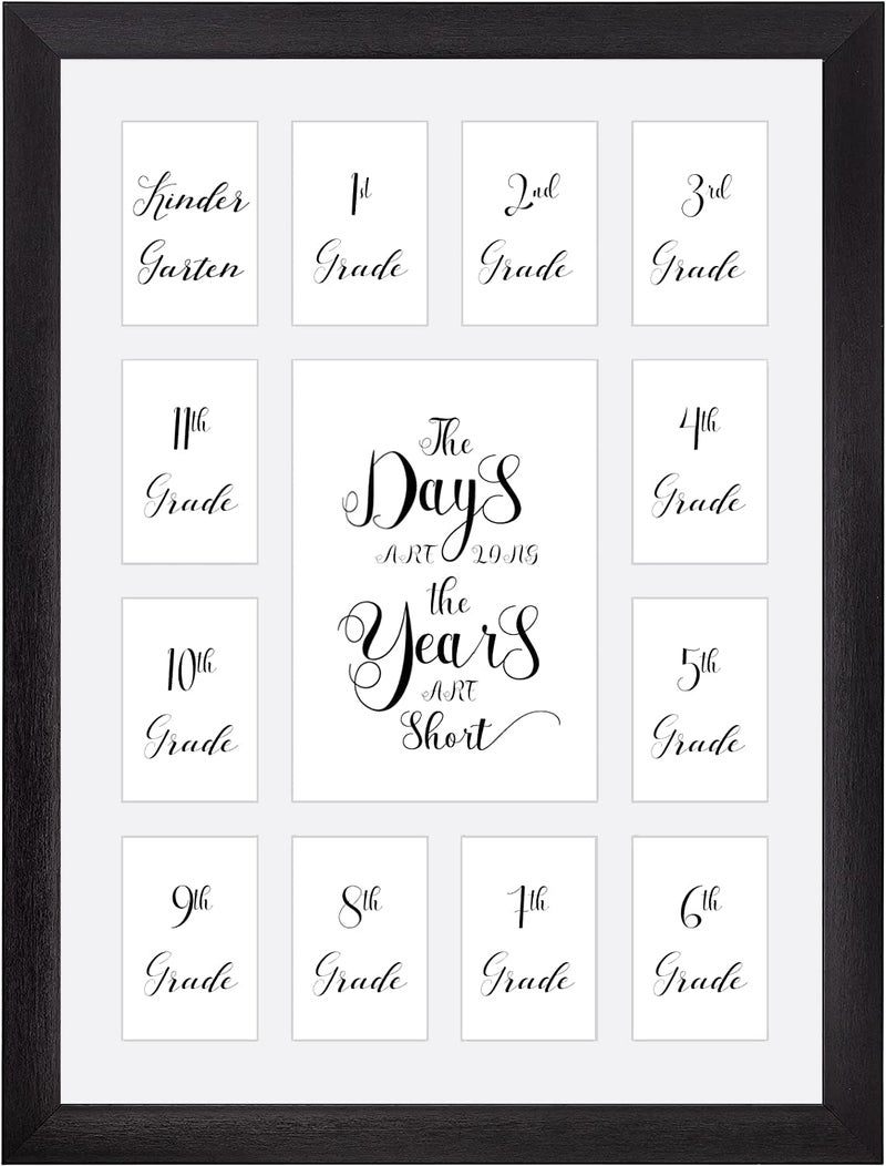 Comtraker School Year Picture Frame K12 Collage Photo Graduation Black Solid Wood Frames for Wall Hanging and Table Top Display 13 Openings White k12 Kindergarten to 12th Grade High School Picture