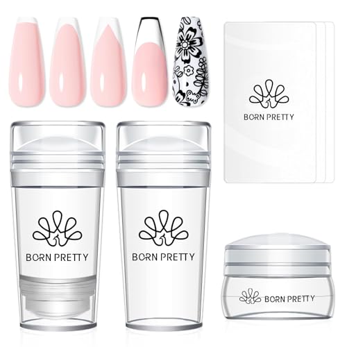 Born Pretty French Tip Nail Stamp, 6PCS Art Stamper With Scrapers, Silicone Stamping Long & Short Jelly Stamper Kit for French Manicure Home DIY Art Salon - Image 1