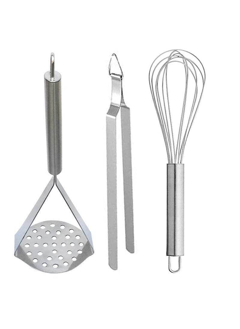 C DEVICE C DEVICE Stainless Steel Potato Masher Tong Roti Chimta Whisk Combo Pack  - Image 1