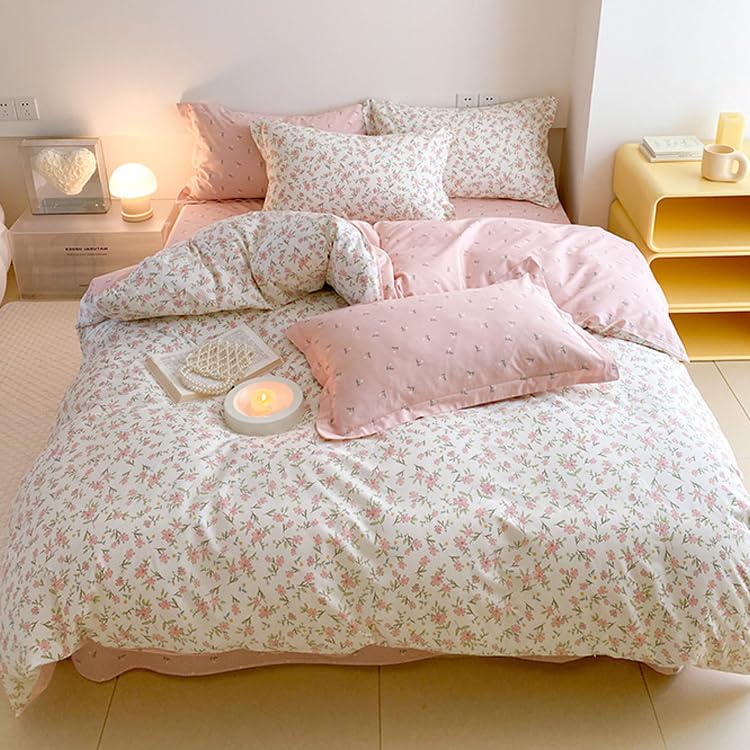 Bildenly Full Size Duvet Cover Pink Floral on Side A, Pink & Small Flowers on Side B, Comforter Cover Soft & Lightweight Microfiber Quilt Cover with Zipper Closure and 2 Pillowcases - Image 1