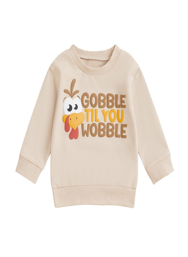 Karuedoo Toddler Baby Boy Girl Thanksgiving Outfit Turkey Letter Print Crewneck Sweatshirt Pullover Long Sleeve Shirt Tops(Khaki, 3-4 Years) - Image 1