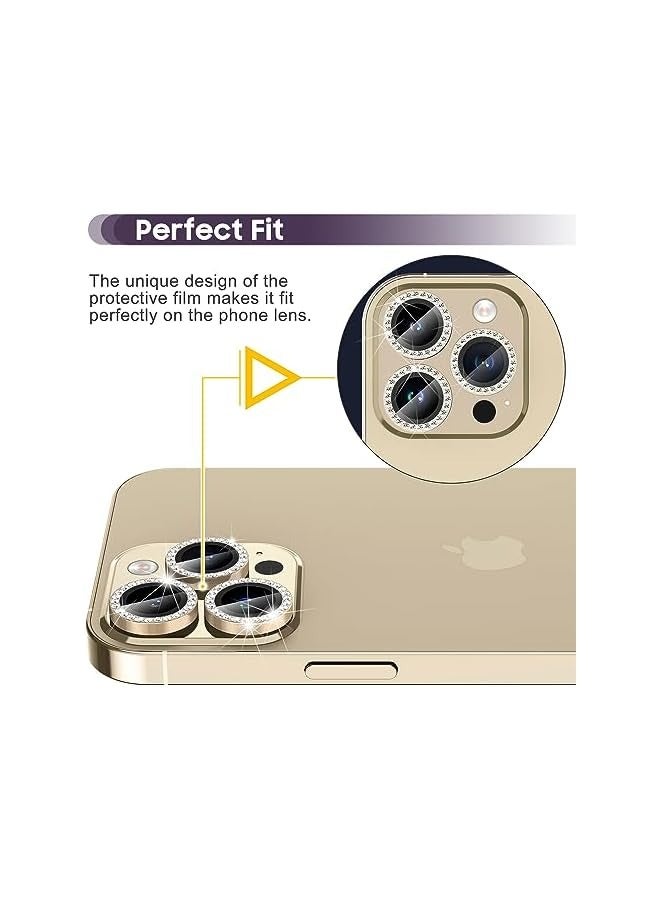 PROMASS iPhone 14 Pro 6.1 inch /14 Pro Max 6.7 inch Camera Lens Protector, Set with Diamonds Bling Camera Cover Tempered Glass for iPhone 14 Pro Max /14 Pro [Perfectly Fit] - Diamond Gold - Image 3