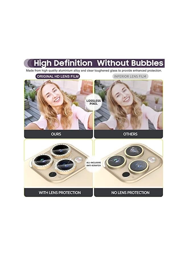 PROMASS iPhone 14 Pro 6.1 inch /14 Pro Max 6.7 inch Camera Lens Protector, Set with Diamonds Bling Camera Cover Tempered Glass for iPhone 14 Pro Max /14 Pro [Perfectly Fit] - Diamond Gold - Image 5