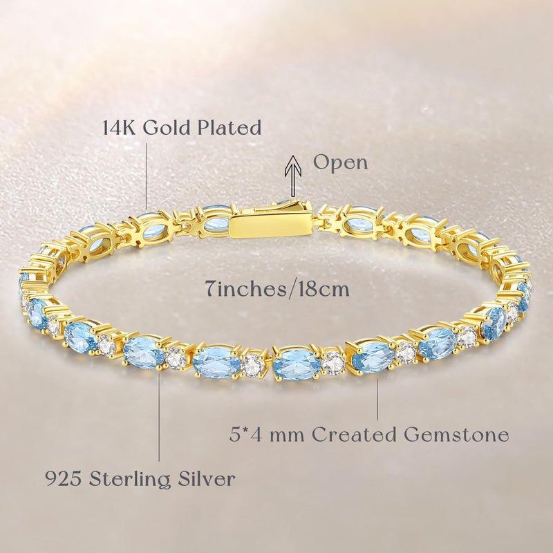 FANCIME 14K Gold Plated Sterling Silver March Birthstone Bracelet Created Aquamarine Tennis Bracelet Cubic Zirconia Oval Gemstone Gold Bracelets for Women 7" - Image 3