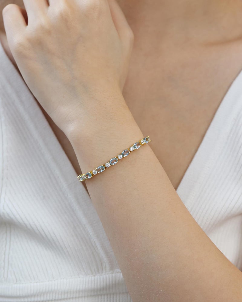 FANCIME 14K Gold Plated Sterling Silver March Birthstone Bracelet Created Aquamarine Tennis Bracelet Cubic Zirconia Oval Gemstone Gold Bracelets for Women 7" - Image 2