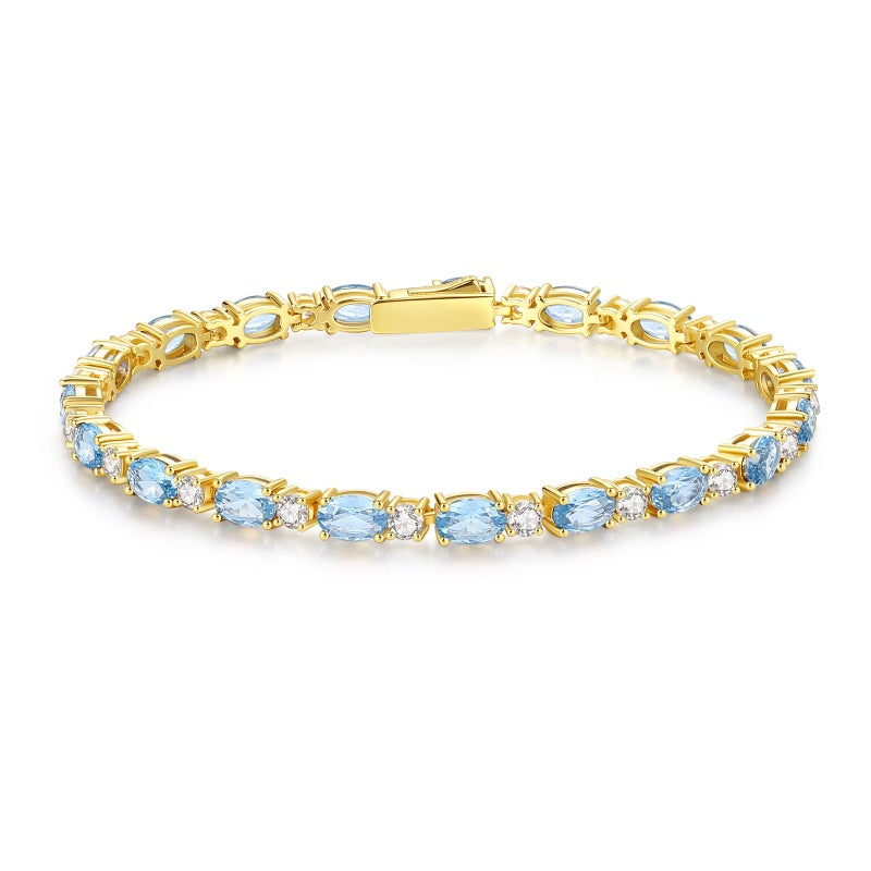 FANCIME 14K Gold Plated Sterling Silver March Birthstone Bracelet Created Aquamarine Tennis Bracelet Cubic Zirconia Oval Gemstone Gold Bracelets for Women 7" - Image 1