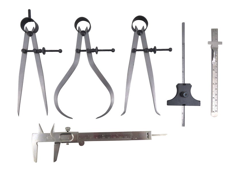Taytools 6 Piece Measuring Set/Kit with 6" Spring Dividers, Inside & Outside Calipers, Depth Gauge, Pocket Ruler, Vernier Caliper 113500 - Image 1