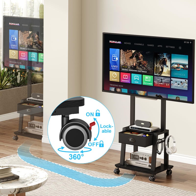 Aokitsink Mobile TV Stand with Drawer for 23-60 Inch TVs,Tilt Rolling TV Cart on Wheels with 2 Shelves Adjustable Height Portable TV Stand for Bedroom/Living Room Holds up to 50 lbs Max VESA 400x400mm - Image 3