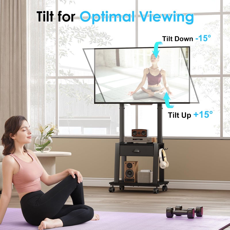 Aokitsink Mobile TV Stand with Drawer for 23-60 Inch TVs,Tilt Rolling TV Cart on Wheels with 2 Shelves Adjustable Height Portable TV Stand for Bedroom/Living Room Holds up to 50 lbs Max VESA 400x400mm - Image 2