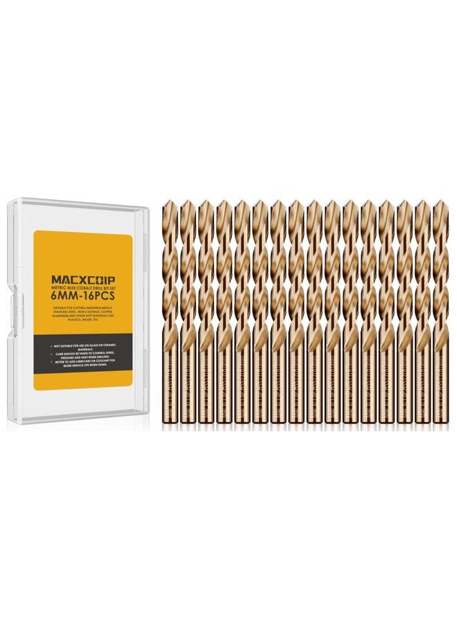 MACXCOIP Metric 16Pcs M35 Cobalt Drill Bit Set, 6mm HSS Cobalt Jobber Drill Bits, for Hardened Metals, Stainless Steel, Cast Iron and Wooden Plastics - Image 1