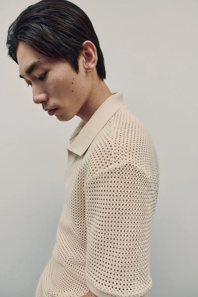 H&M White Dusty Light Regular Fit Crochet-look polo shirt for Men | Best Price UAE