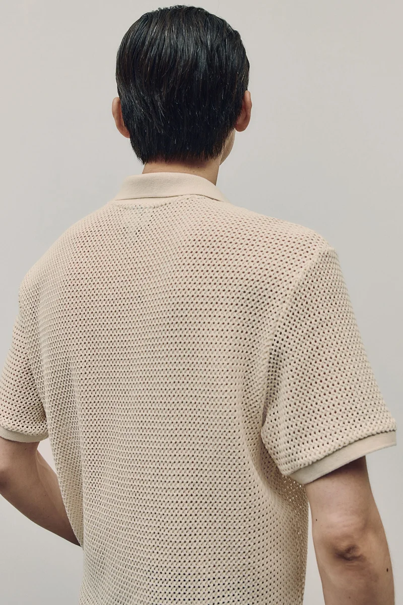 H&M White Dusty Light Regular Fit Crochet-look polo shirt for Men | Best Price UAE