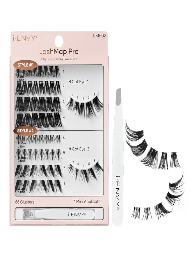 iEnvy i-ENVY LashMap Pro, Lash Cluster Kit With Mini Tweezer Applicator (Cat Eye), 12MM-16MM 66Pcs DIY Cluster Eyelash Extension in 2 Pre-Mapped Styles, Beginner Friendly Individual Wispy False Lashes - Image 1
