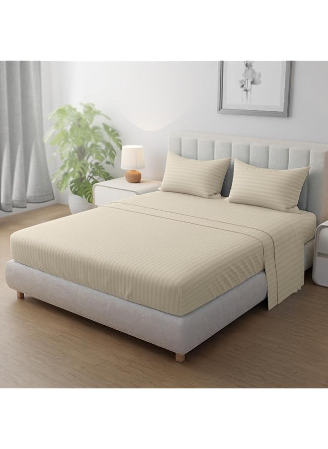 Hotel Linen Klub Striped Microfiber Fitted Sheet Size: Double 120 X 200 Cm Ultrasoft Plush Fabric Premium Durable Quality And Deep Pockets For A Perfect Fit Beige  - Image 1