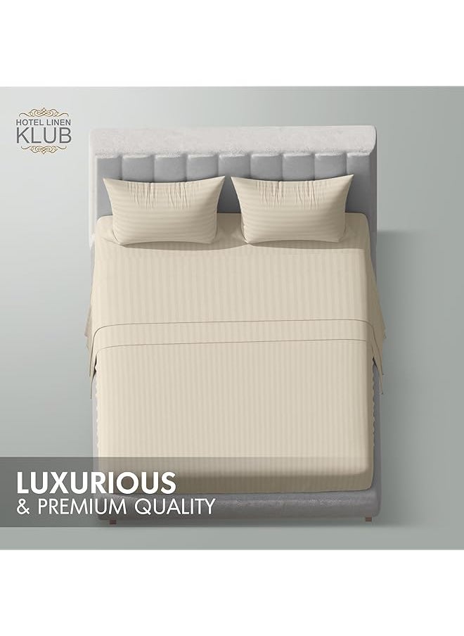 Hotel Linen Klub Striped Microfiber Fitted Sheet Size: Double 120 X 200 Cm Ultrasoft Plush Fabric Premium Durable Quality And Deep Pockets For A Perfect Fit Beige  - Image 3
