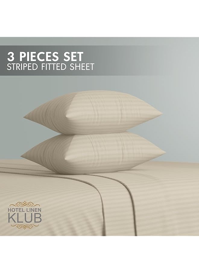 Hotel Linen Klub Striped Microfiber Fitted Sheet Size: Double 120 X 200 Cm Ultrasoft Plush Fabric Premium Durable Quality And Deep Pockets For A Perfect Fit Beige  - Image 2