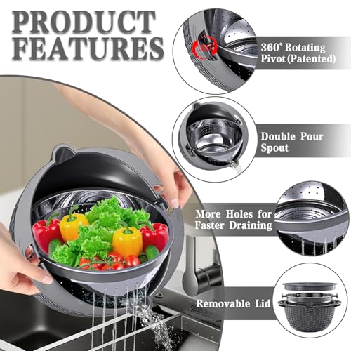 UTTKOJ 4-1 Colander with Lid Set - Rotatable Strainer With Bowl(Patented), Pasta Strainer with New Upgraded Graters, Strainer And Colanders, Fruit Cleaner, Veggie Wash, Apartment Kitchen Gadgets - Grey - Image 3