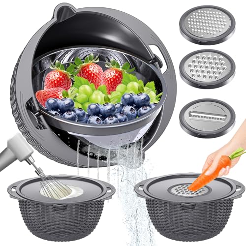 UTTKOJ 4-1 Colander with Lid Set - Rotatable Strainer With Bowl(Patented), Pasta Strainer with New Upgraded Graters, Strainer And Colanders, Fruit Cleaner, Veggie Wash, Apartment Kitchen Gadgets - Grey - Image 1