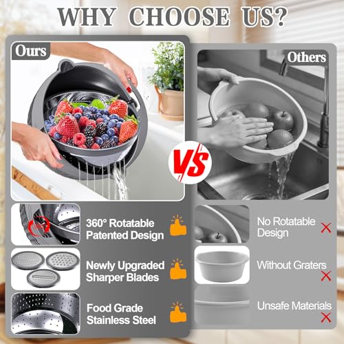 UTTKOJ 4-1 Colander with Lid Set - Rotatable Strainer With Bowl(Patented), Pasta Strainer with New Upgraded Graters, Strainer And Colanders, Fruit Cleaner, Veggie Wash, Apartment Kitchen Gadgets - Grey - Image 2