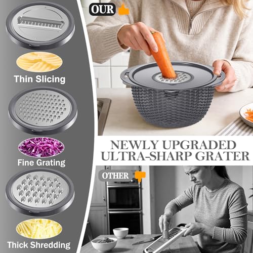 UTTKOJ 4-1 Colander with Lid Set - Rotatable Strainer With Bowl(Patented), Pasta Strainer with New Upgraded Graters, Strainer And Colanders, Fruit Cleaner, Veggie Wash, Apartment Kitchen Gadgets - Grey - Image 5