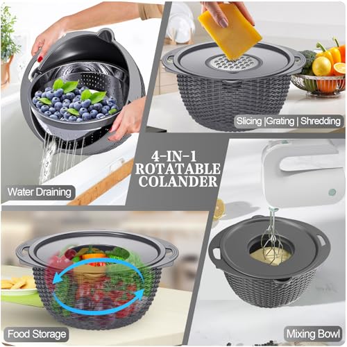 UTTKOJ 4-1 Colander with Lid Set - Rotatable Strainer With Bowl(Patented), Pasta Strainer with New Upgraded Graters, Strainer And Colanders, Fruit Cleaner, Veggie Wash, Apartment Kitchen Gadgets - Grey - Image 4