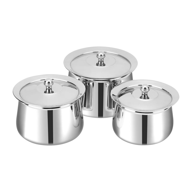 Kraft Amrit Stainless Steel Serving Handi Set – 3 Pcs (900 ml, 750 ml, 550 ml) | Premium Steel Handi for Serving Curry, Dal, Rice & Gravies | Elegant Mirror Finish, Rust-Free & Easy to Clean - Image 1