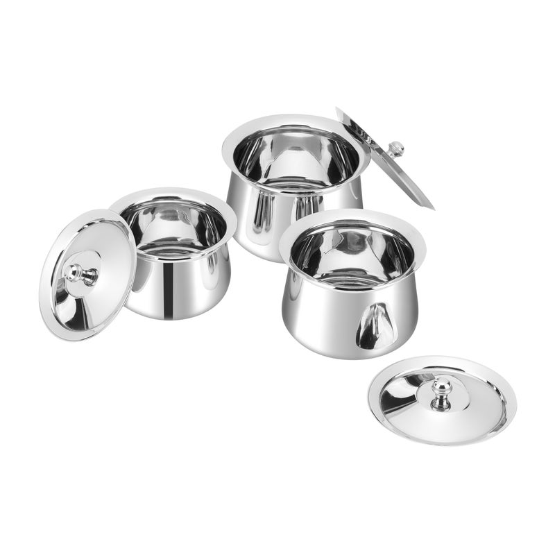 Kraft Amrit Stainless Steel Serving Handi Set – 3 Pcs (900 ml, 750 ml, 550 ml) | Premium Steel Handi for Serving Curry, Dal, Rice & Gravies | Elegant Mirror Finish, Rust-Free & Easy to Clean - Image 2