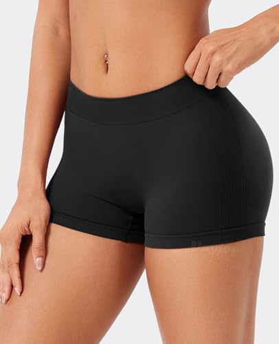 VOYJOY Women Impact Booty Shorts 25 Low Rise Hidden Scrunch Butt Lifting Seamless Workout Gym Running Biker Hot Shorts Black - Image 3