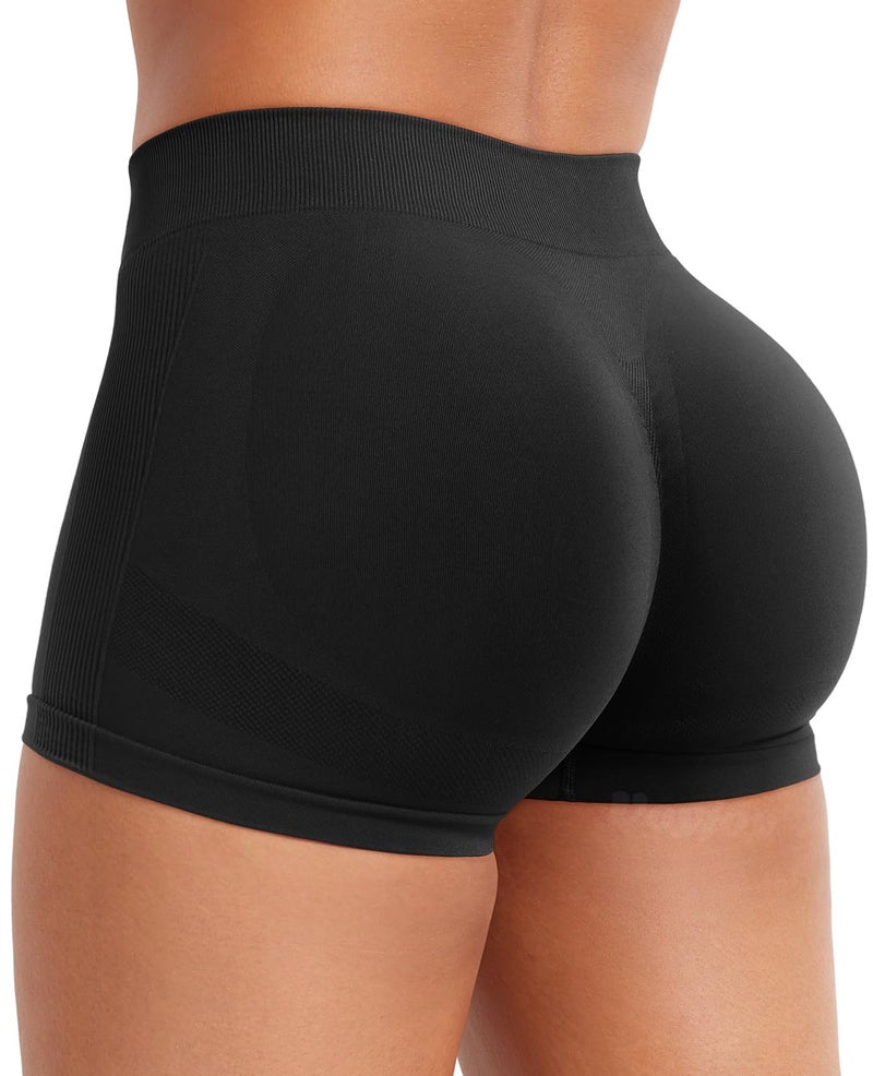 VOYJOY Women Impact Booty Shorts 25 Low Rise Hidden Scrunch Butt Lifting Seamless Workout Gym Running Biker Hot Shorts Black - Image 2