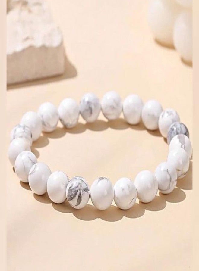 SMIZE Howlite 10mm Beaded Bracelet Unisex - Natural White Howlite Gemstone Jewelry for Stress Relief, Calmness & Balance | Handmade Healing Crystal Stretch Bracelet for Men & Women - Image 3
