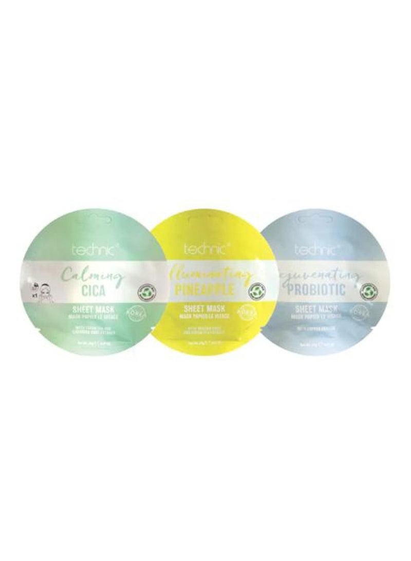 Technic PACK OF 3  Calming Cica Mask, Rejuvenating Probiotics Mask, Illuminating Pineapple Mask - Image 1