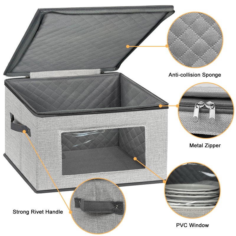 Homyfort China Storage Containers  12 Inch Dinner Plate Dish Storage Containers  Hard Shell Quilted Dinnerware Storage Box Case With Lids And Felt Protectors For Dishes Plates Storage And Moving (Light Grey) - Image 2