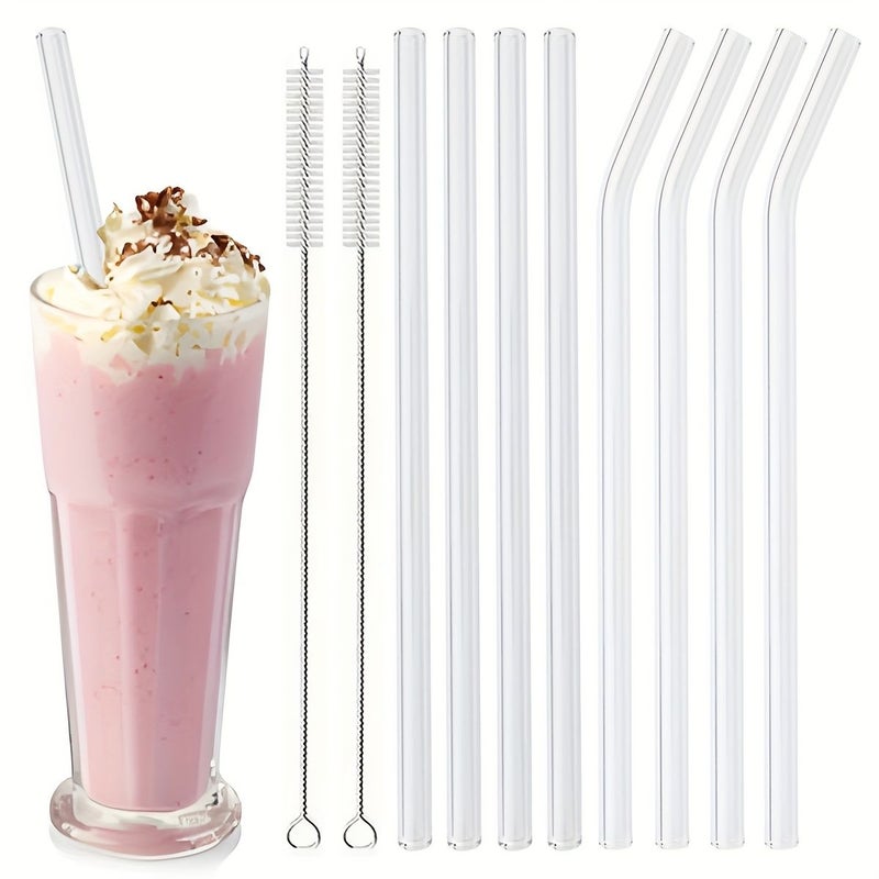 4pcs Glass Straw Set With Bend Pipe And Brush High Borosilicate 200x8mm Transparent Drinking Straws For Milk Tea Juice Cocktails Kitchen Party Bar Accessories - Image 1