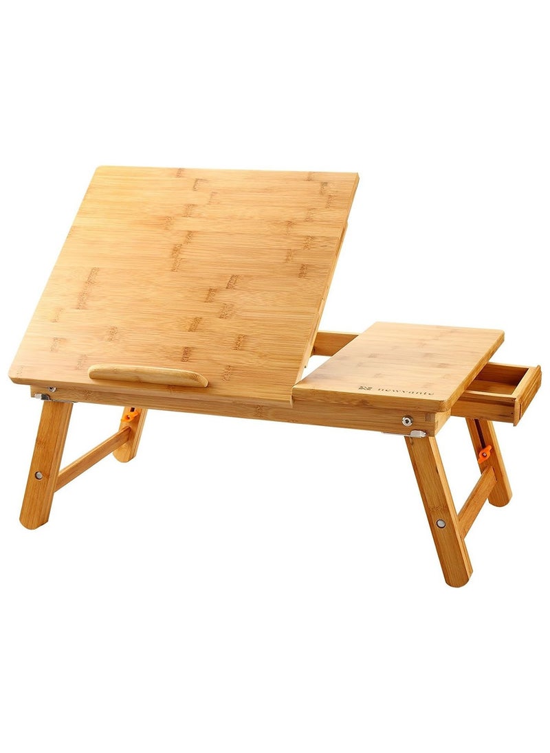 NNEWVANTE Laptop Desk Nnewvante Table Adjustable 100% Bamboo Foldable Breakfast Serving Bed Tray w' Tilting Top Drawer  - Image 1